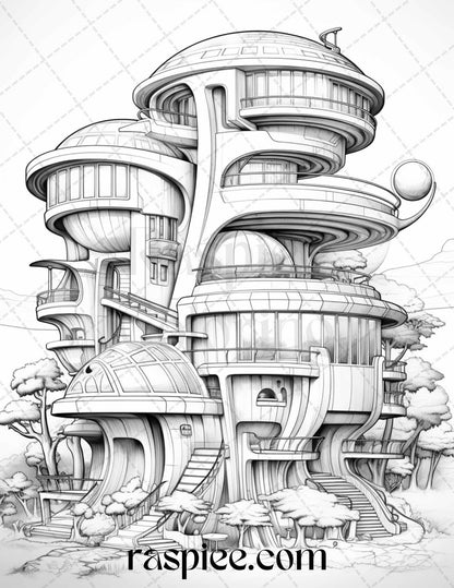 43 Futuristic Houses Grayscale Coloring Pages Printable for Adults, PDF File Instant Download