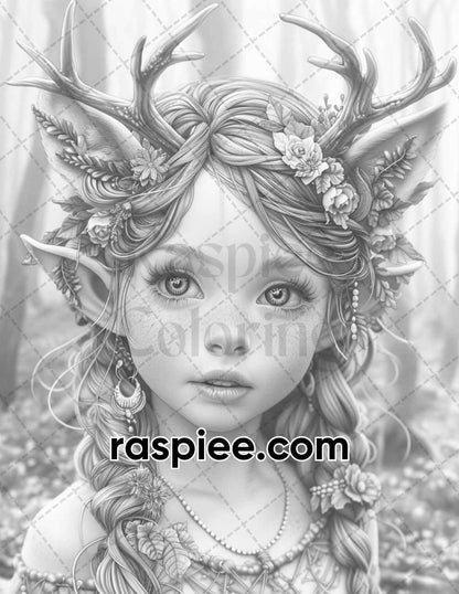 62 Magical Fairy Antler Grayscale Adult Coloring Pages, Printable PDF Instant Download