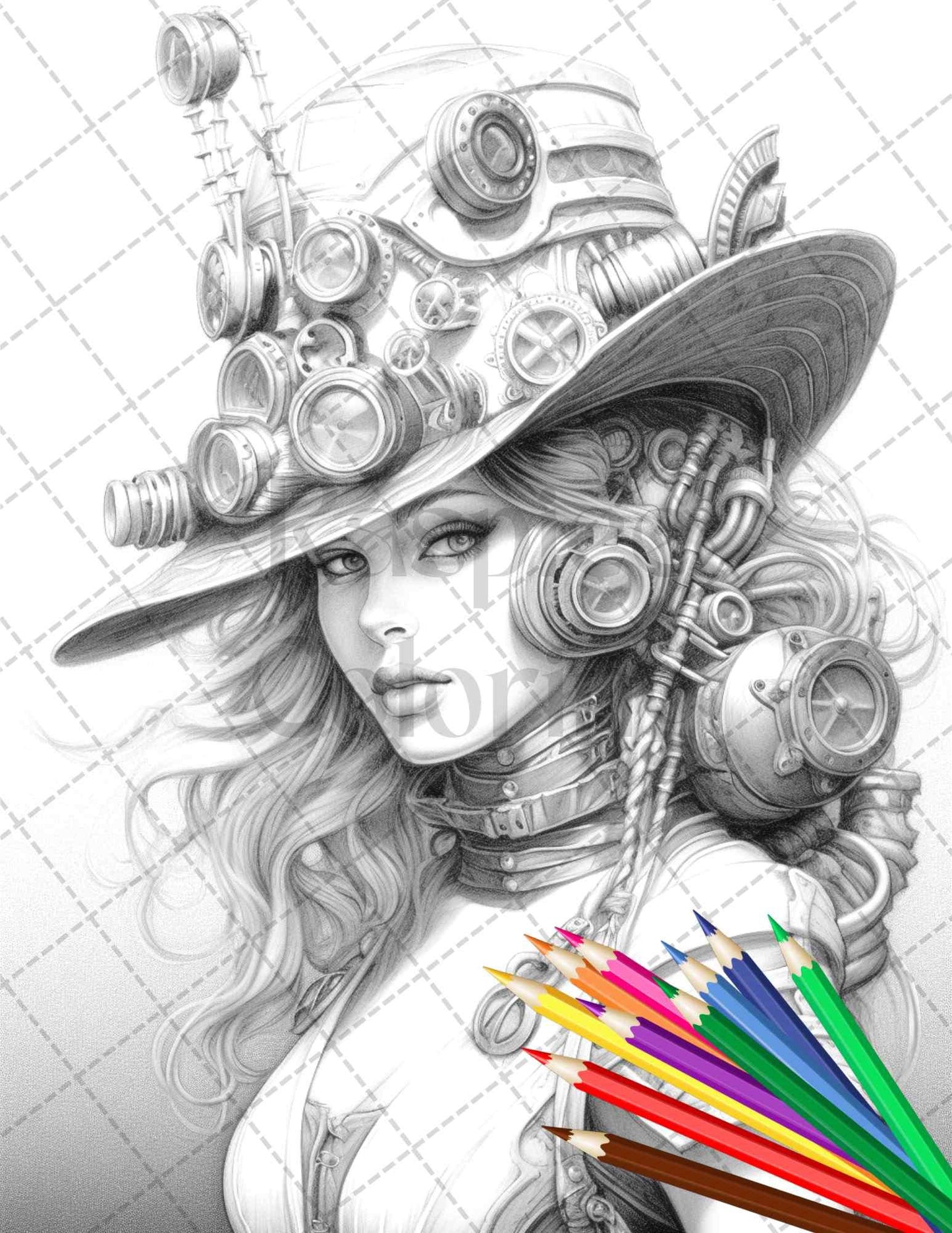 40 Steampunk Ladies Grayscale Coloring Pages Printable for Adults, PDF File Instant Download