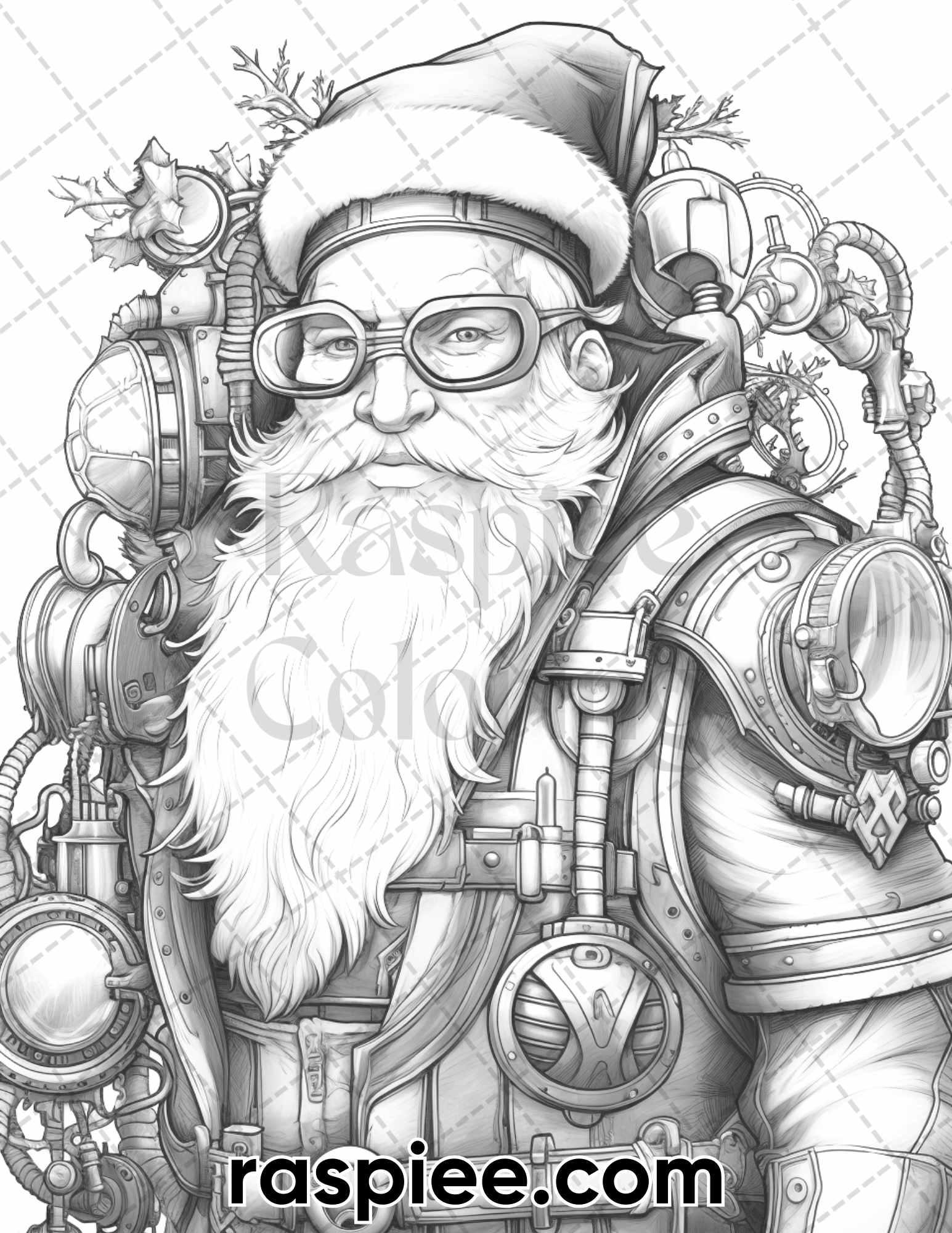 50 Steampunk Santa Claus Grayscale Coloring Pages for Adults, Printable PDF Instant Download