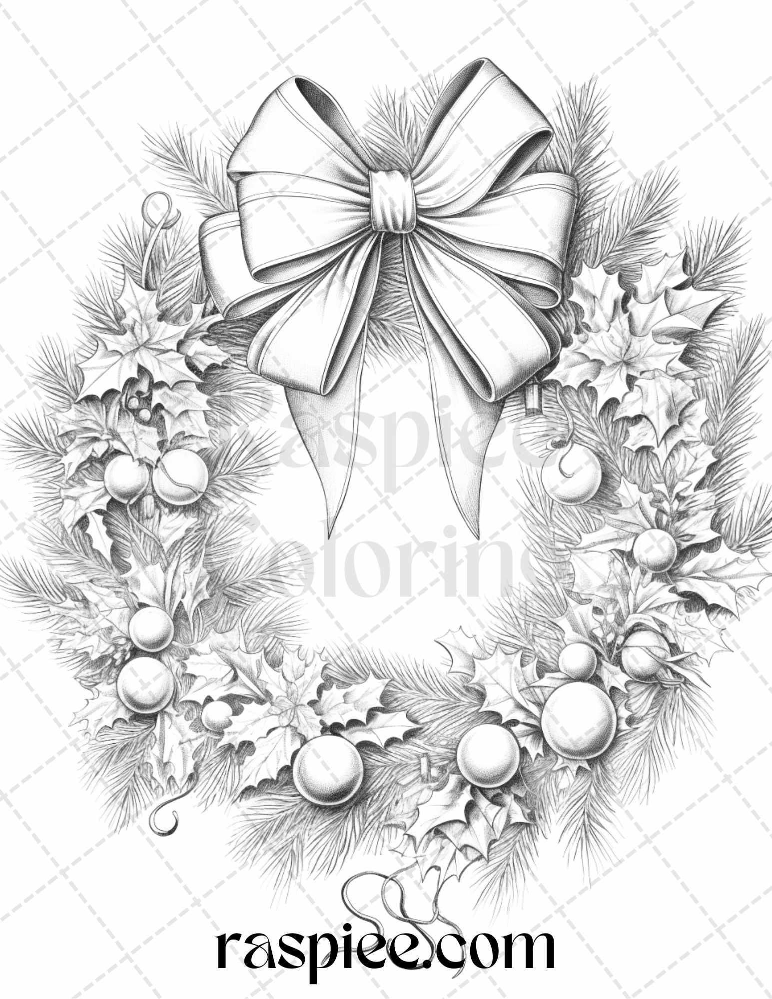 40 Christmas Wreath Grayscale Coloring Pages Printable for Adults, PDF File Instant Download