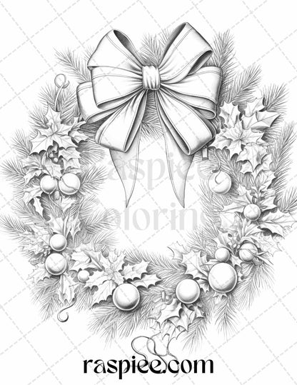 40 Christmas Wreath Grayscale Coloring Pages Printable for Adults, PDF File Instant Download