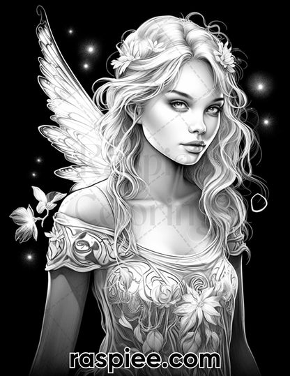 50 Starlight Fairy Grayscale Coloring Pages for Adults, Printable PDF File Instant Download