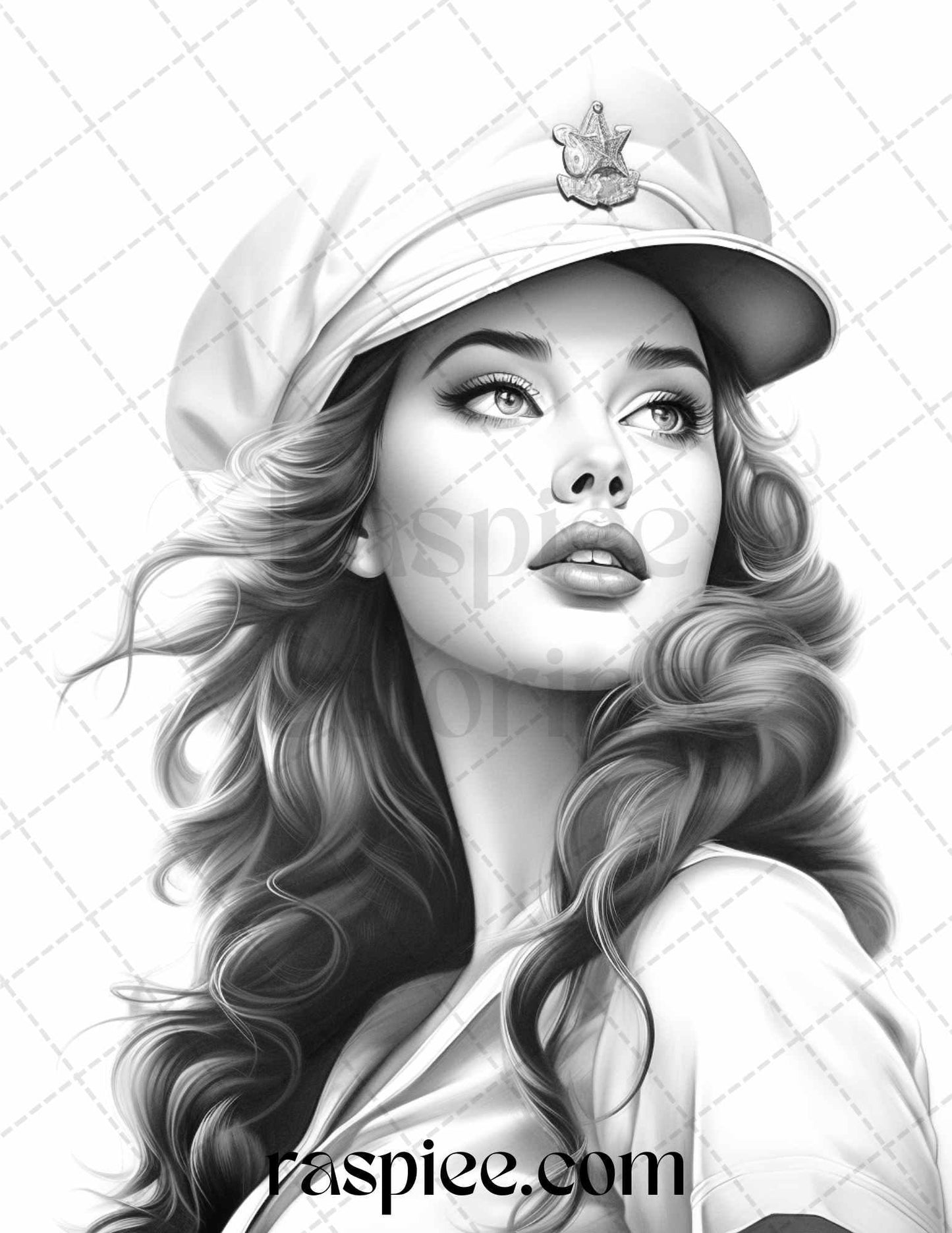 40 Sailor Pin Up Girls Grayscale Coloring Pages Printable for Adults, PDF File Instant Download