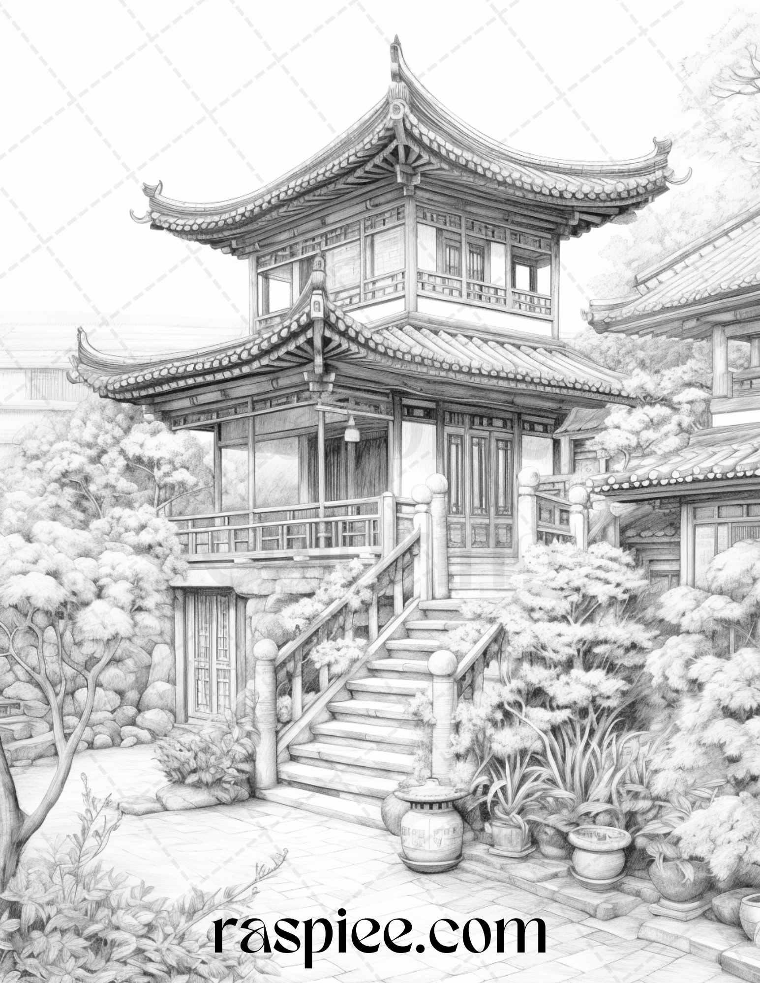 40 Traditional Chinese Houses Grayscale Coloring Pages Printable for Adults, PDF File Instant Download