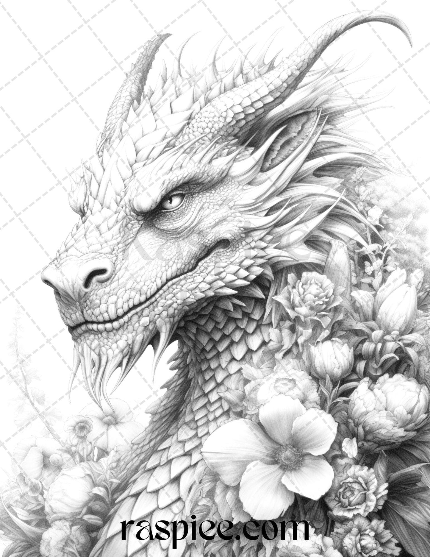 40 Flower Dragon Grayscale Coloring Pages Printable for Adults, PDF File Instant Download