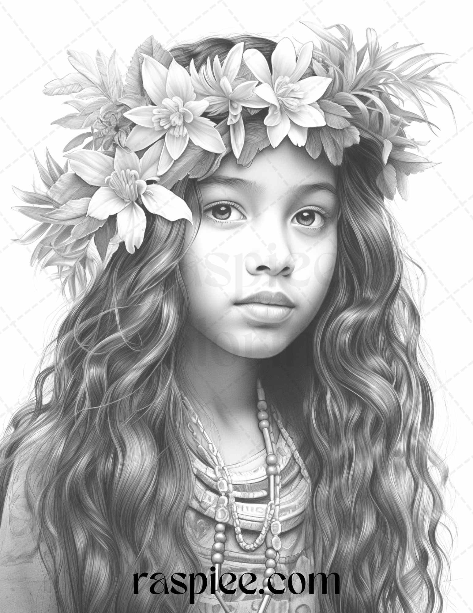 40 Hawaiian Girls Grayscale Coloring Pages Printable for Adults, PDF File Instant Download