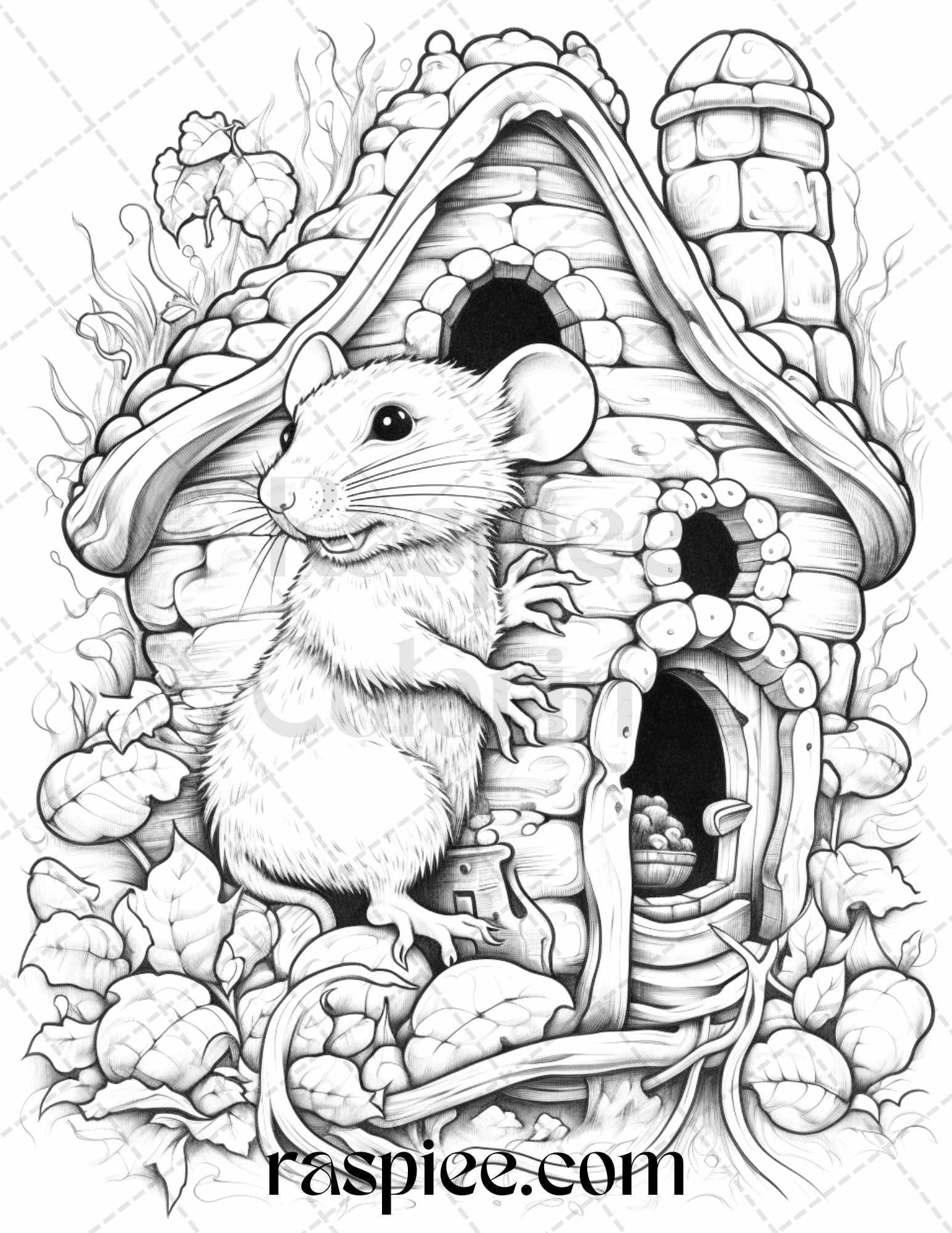 40 Magical Mouse Houses Grayscale Coloring Pages Printable for Adults, PDF File Instant Download