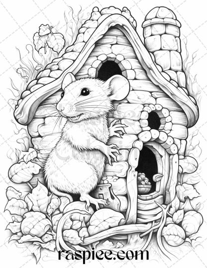 40 Magical Mouse Houses Grayscale Coloring Pages Printable for Adults, PDF File Instant Download