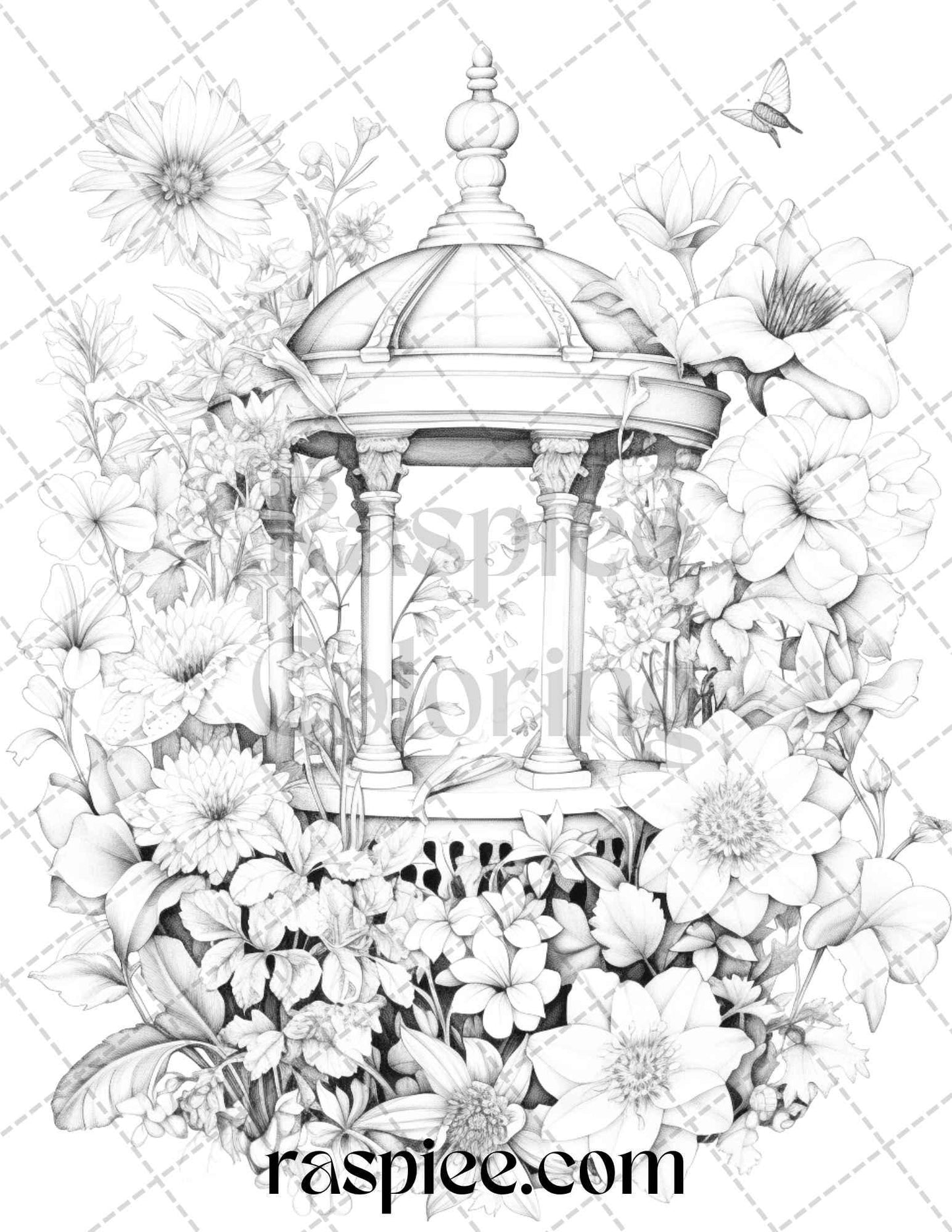 40 Whimsical Wishing Wells Grayscale Coloring Pages Printable for Adults, PDF File Instant Download