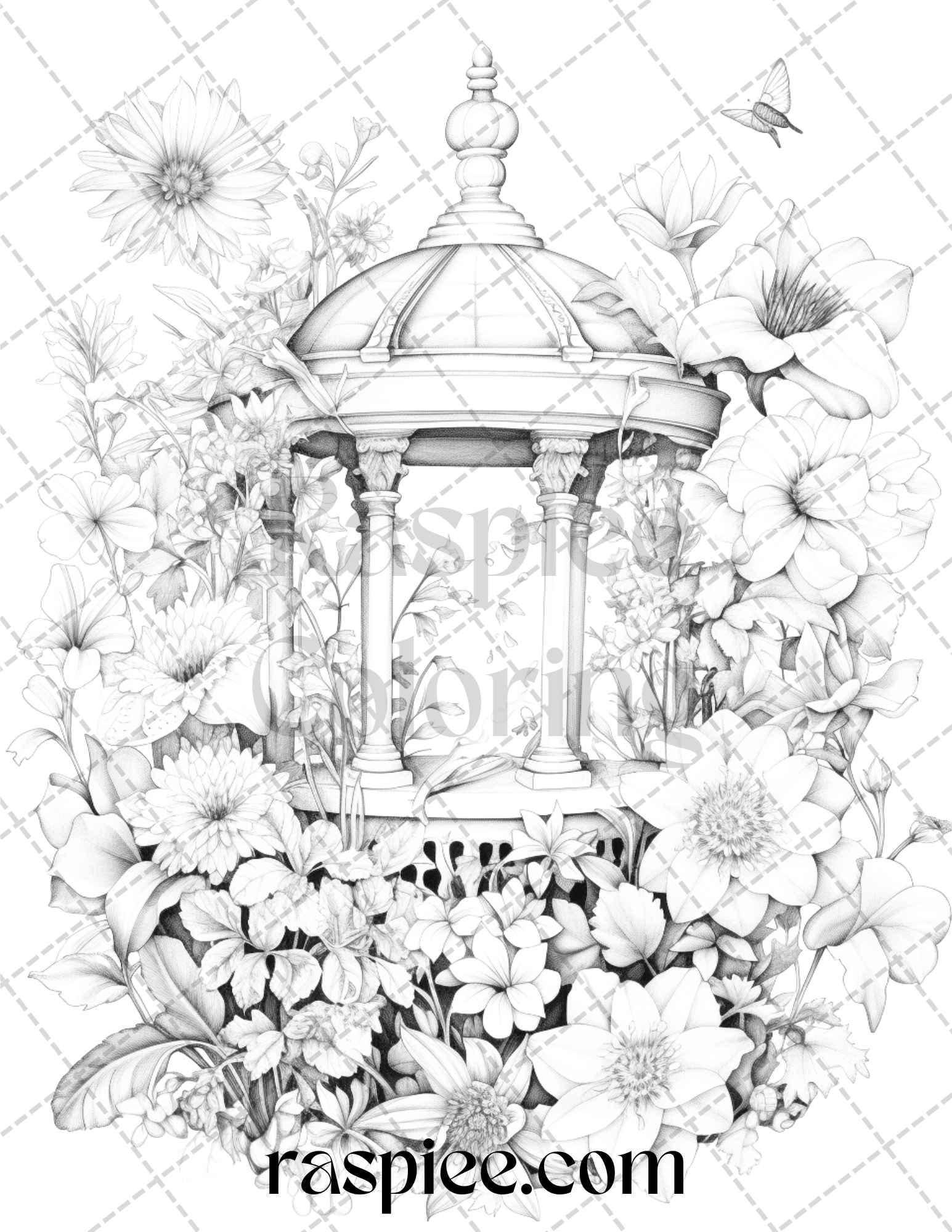 40 Whimsical Wishing Wells Grayscale Coloring Pages Printable for Adults, PDF File Instant Download