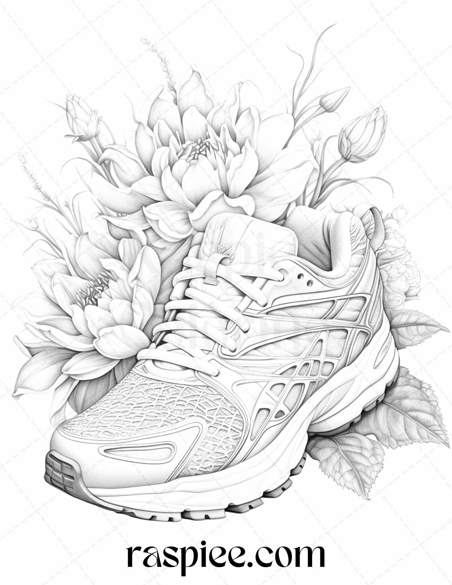 40 Flower Sneakers Grayscale Coloring Pages Printable for Adults, PDF File Instant Download