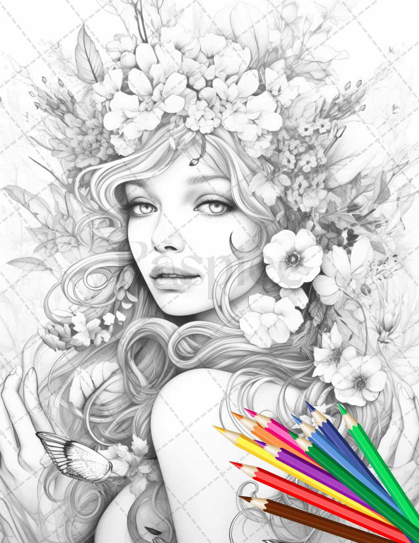 38 Flower Goddess Coloring Pages Printable for Adults, Grayscale Coloring Page, PDF File Instant Download