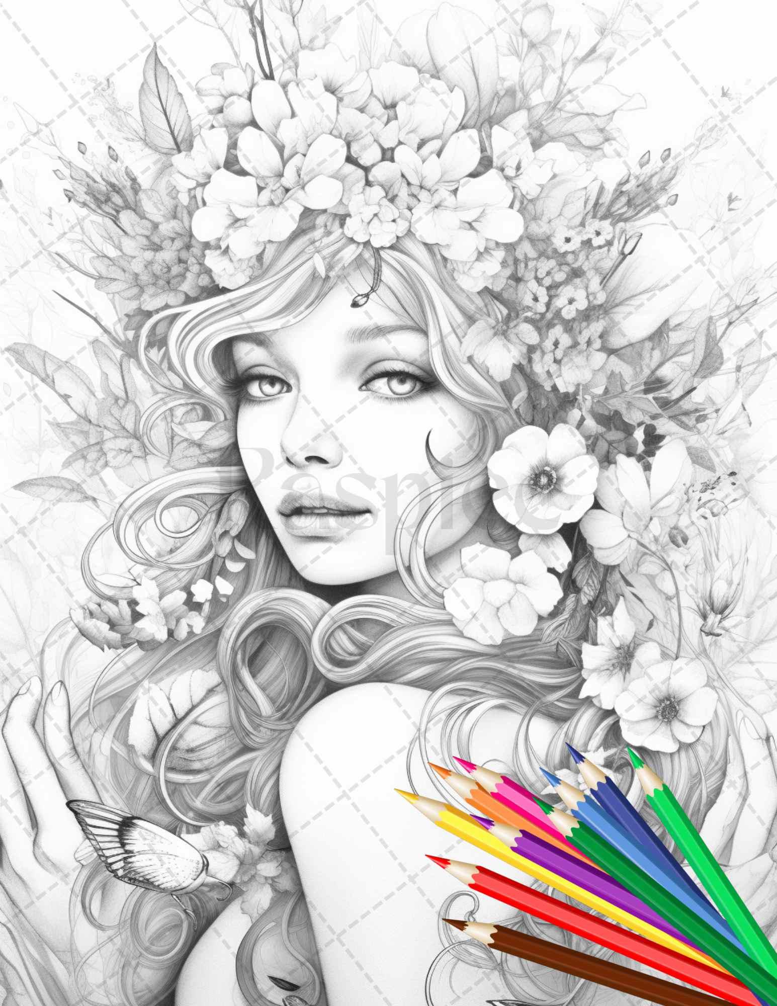 38 Flower Goddess Coloring Pages Printable for Adults, Grayscale Coloring Page, PDF File Instant Download