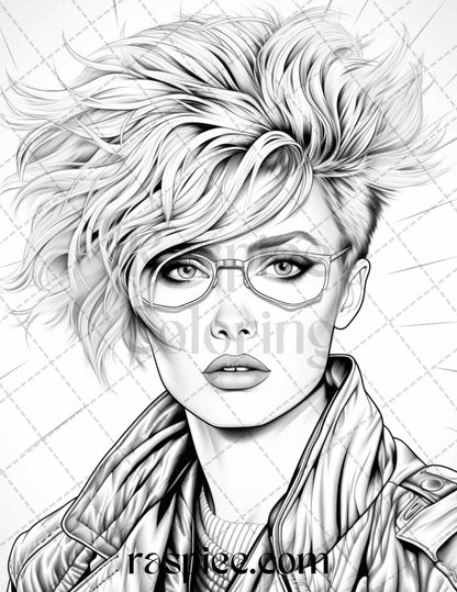 1980s New Wave Pop Star Grayscale Coloring Pages Printable for Adults, PDF File Instant Download