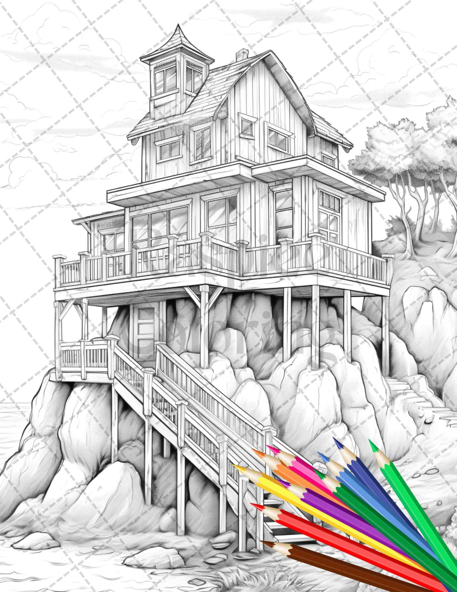 42 Wooden Beach Houses Grayscale Coloring Pages Printable for Adults, PDF File Instant Download