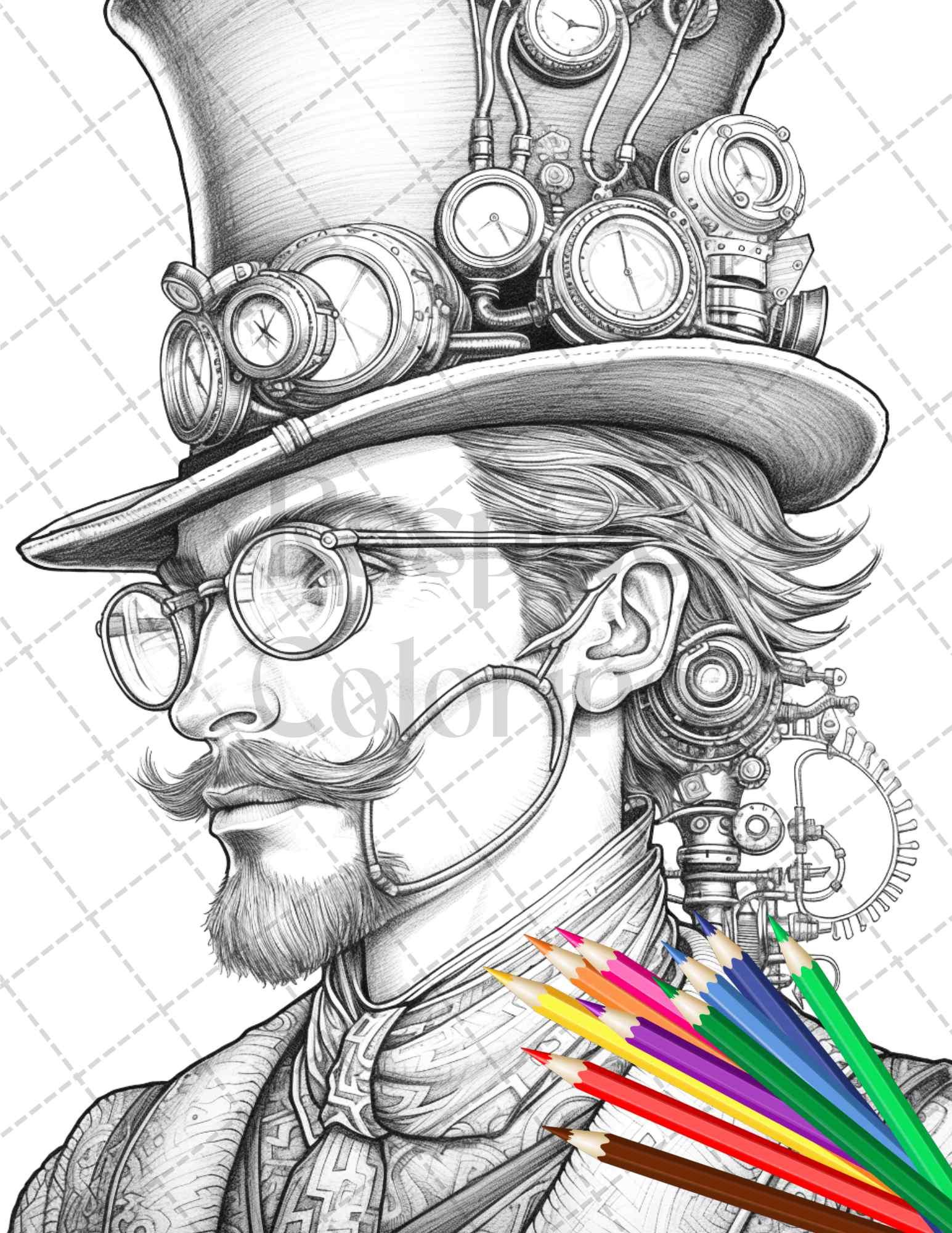 42 Steampunk Mens Grayscale Coloring Pages Printable for Adults, PDF File Instant Download