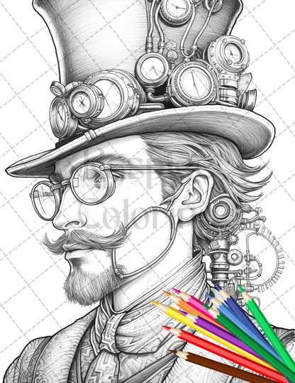 42 Steampunk Mens Grayscale Coloring Pages Printable for Adults, PDF File Instant Download