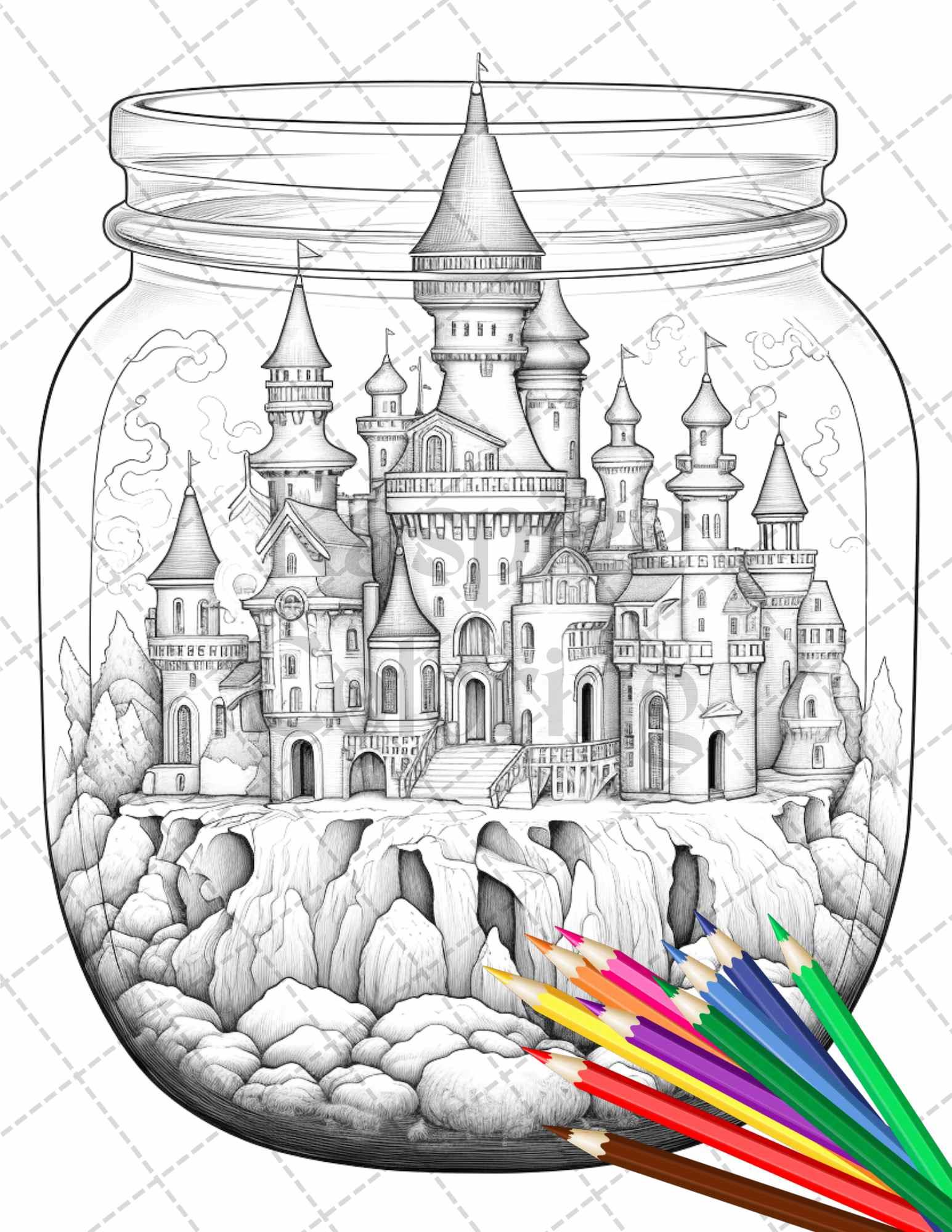 42 Fantasy Castle In Jar Grayscale Coloring Pages Printable for Adults, PDF File Instant Download