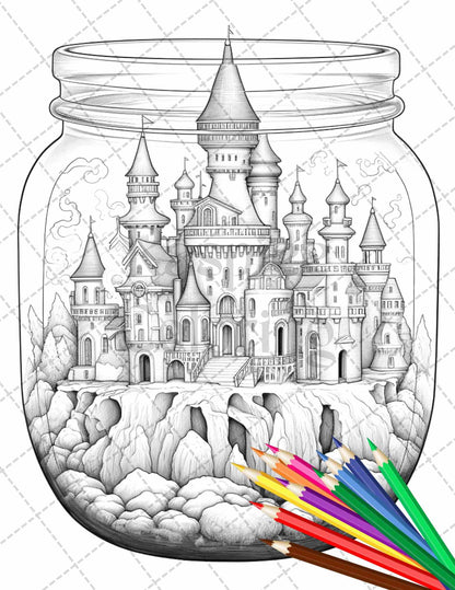 42 Fantasy Castle In Jar Grayscale Coloring Pages Printable for Adults, PDF File Instant Download