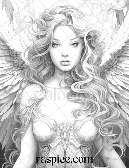 42 Enchanting Angels Grayscale Coloring Pages Printable for Adults, PDF File Instant Download