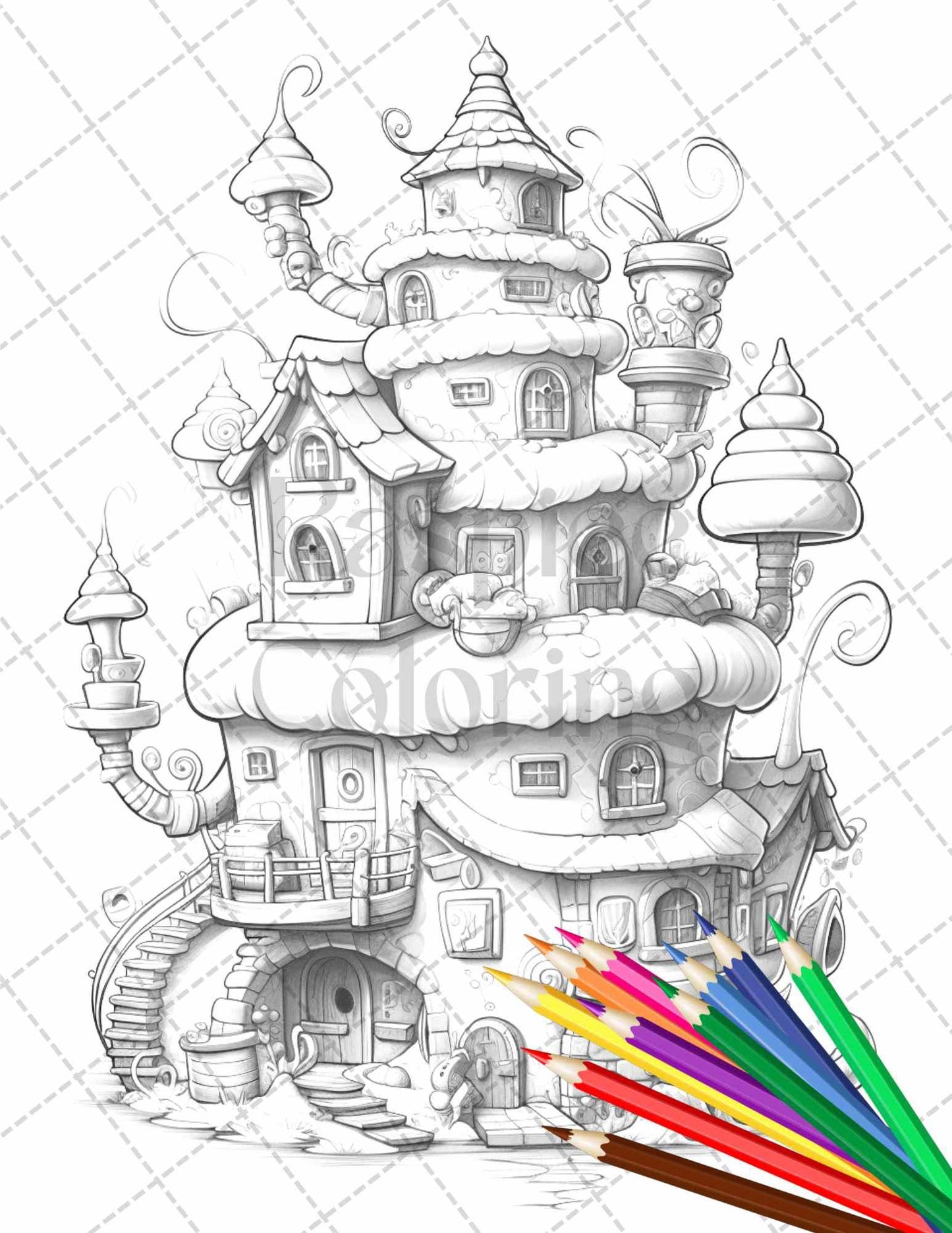 50 Adorable Cake Houses Grayscale Coloring Pages Printable for Adults and Kids, PDF File Instant Download