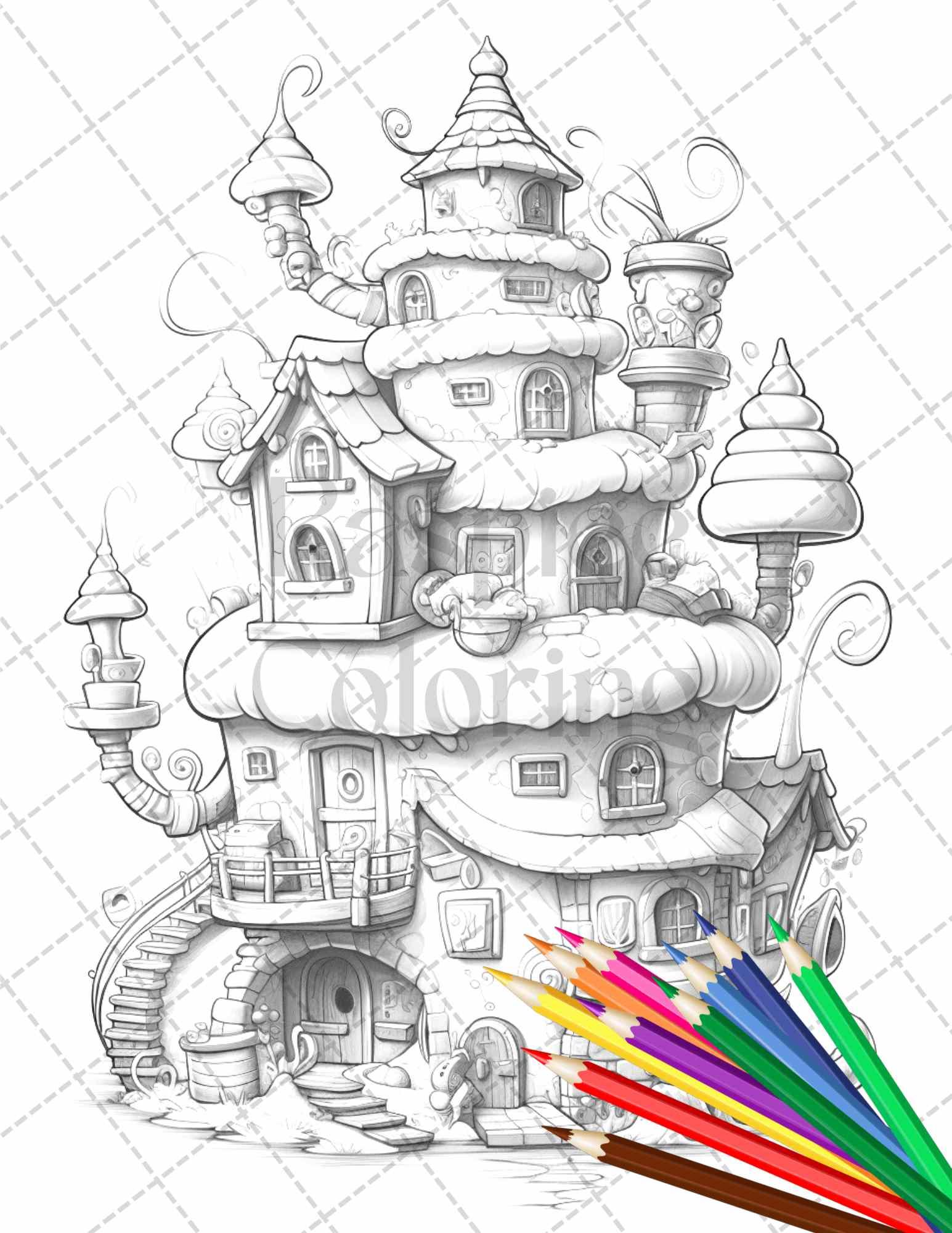 50 Adorable Cake Houses Grayscale Coloring Pages Printable for Adults and Kids, PDF File Instant Download