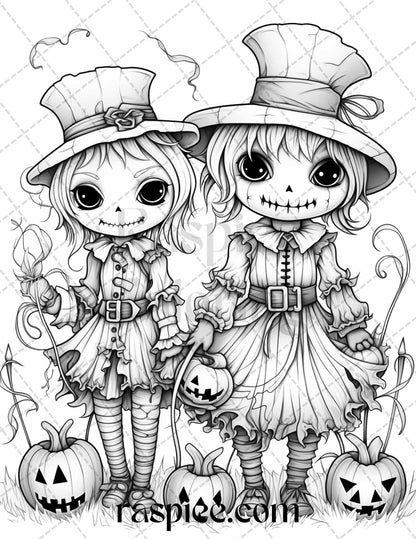 40 Halloween Creepy Kawaii Grayscale Coloring Pages for Adults and Kids, Printable PDF File Instant Download