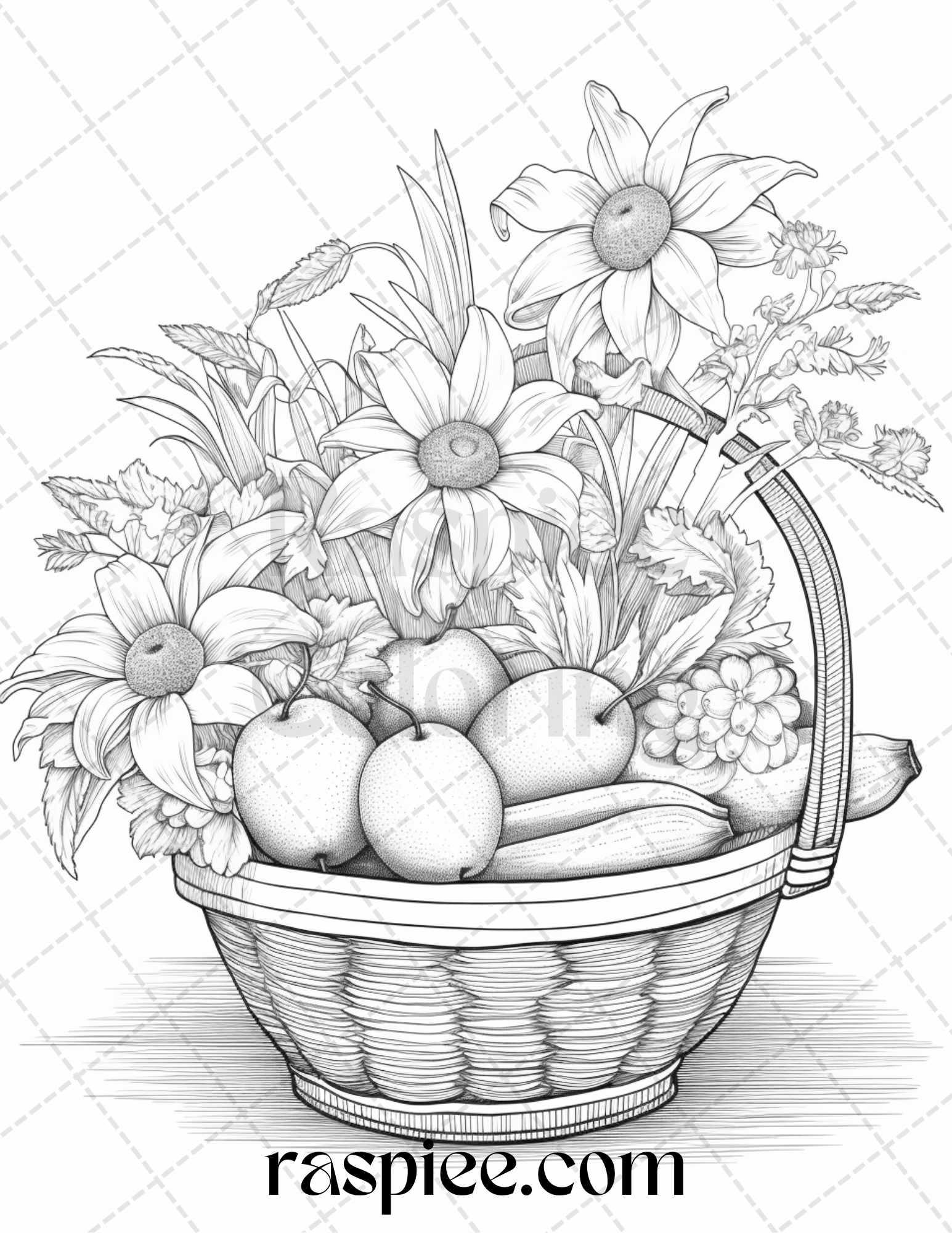 40 Fruit Basket Grayscale Coloring Pages Printable for Adults, PDF File Instant Download