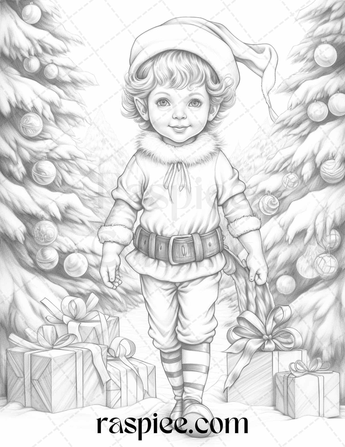 110 Christmas Elves Grayscale Coloring Pages Printable for Adults Kids, PDF File Instant Download