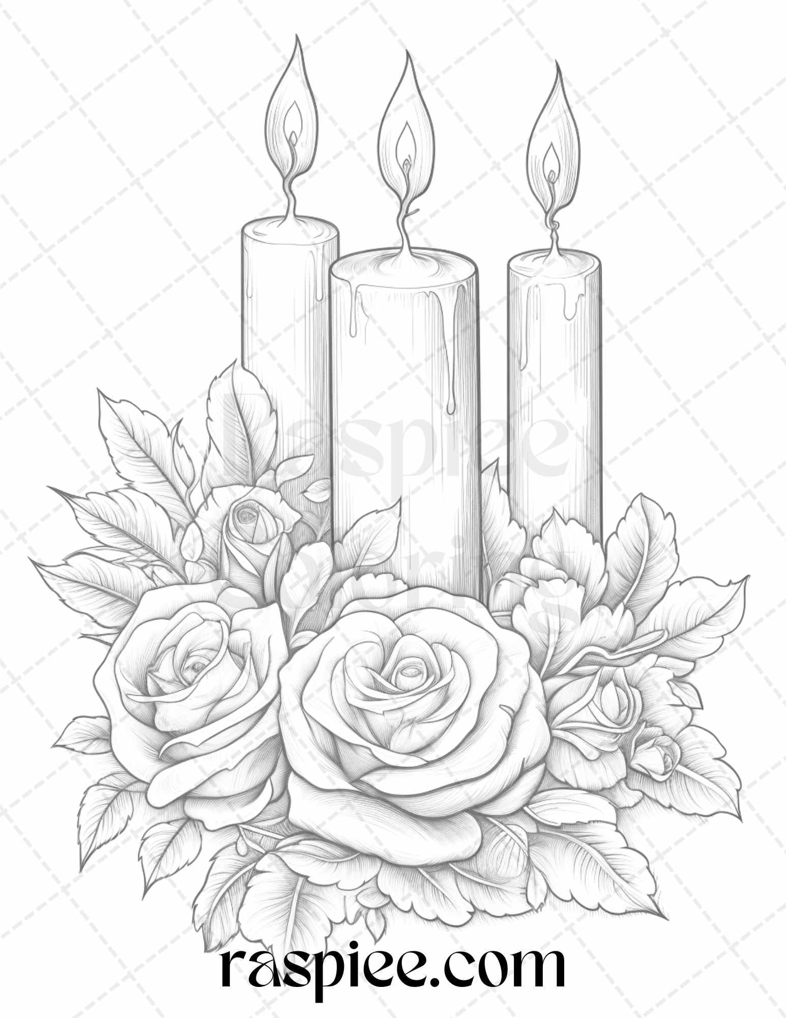 40 Flower Candles Grayscale Coloring Pages Printable for Adults, PDF File Instant Download