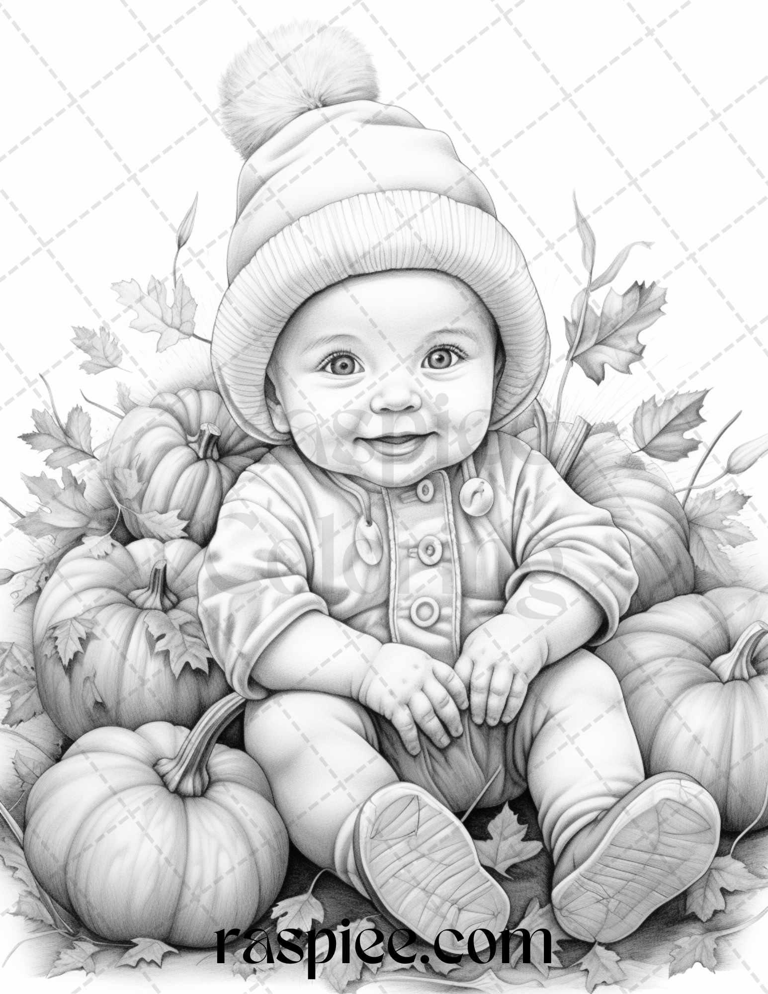 40 Pumpkin Babies Grayscale Coloring Pages for Adults and Kids, Printable PDF File Instant Download