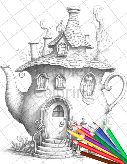 40 Teapot Fairy Houses Grayscale Coloring Pages Printable for Adults, PDF File Instant Download