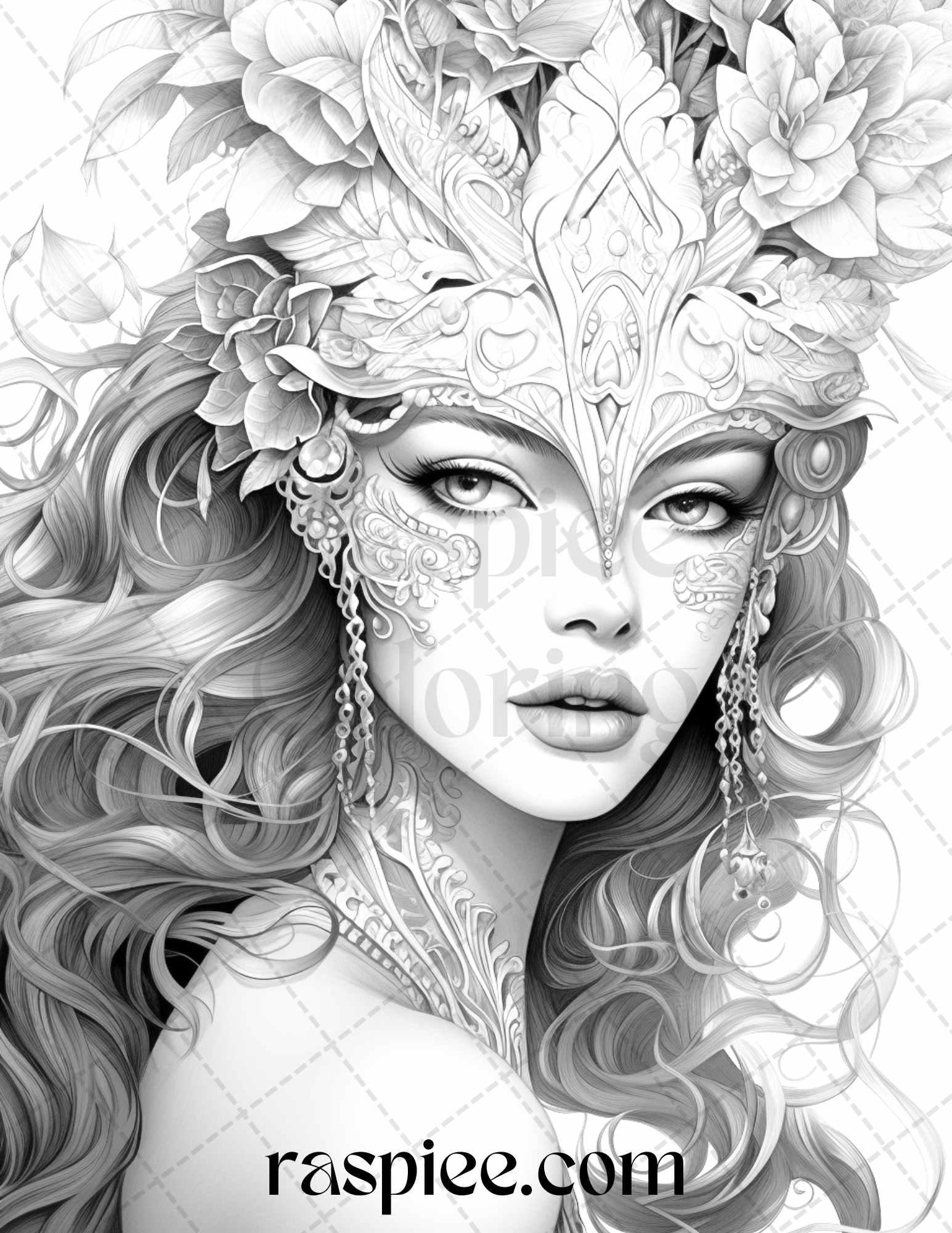 40 Masquerade Girls Grayscale Coloring Pages Printable for Adults, PDF File Instant Download