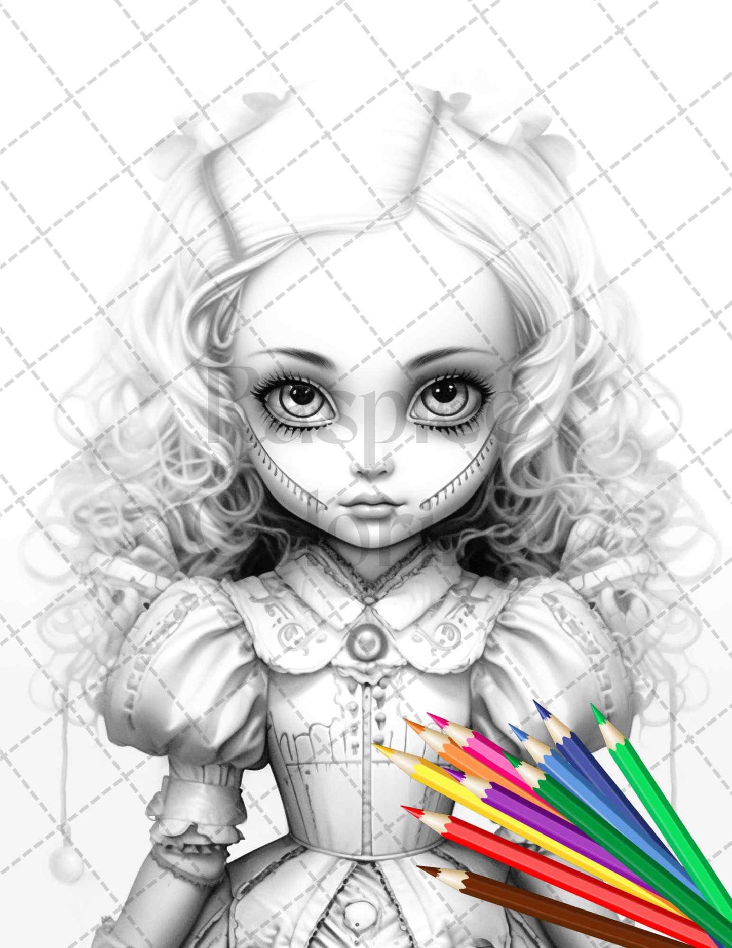 40 Creepy Porcelain Dolls Grayscale Coloring Pages for Adults, PDF File Instant Download