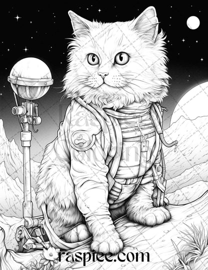 40 Cat Astronaut Grayscale Coloring Pages Printable for Adults Kids, PDF File Instant Download