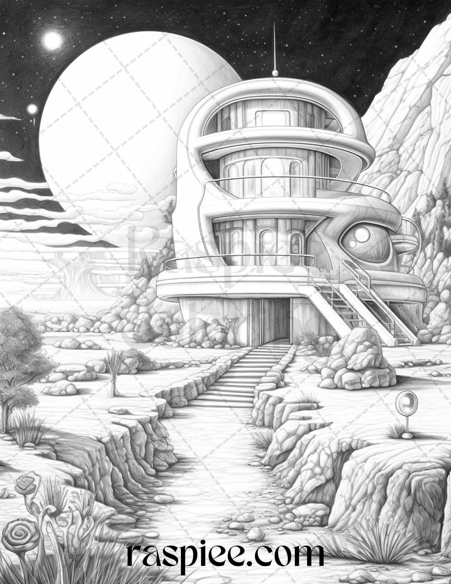 40 Alien Houses Grayscale Coloring Pages for Adults, Printable PDF File Instant Download