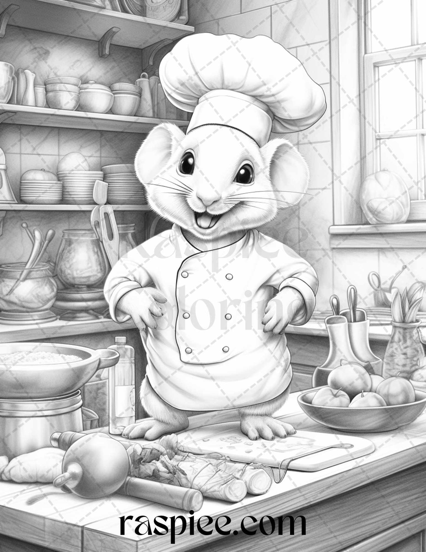 45 Mouse Chef Grayscale Coloring Pages Printable for Adults, PDF File Instant Download