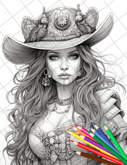 48 Beautiful Pirate Princess Coloring Book Printable for Adults, Grayscale Coloring Page, PDF File Instant Download