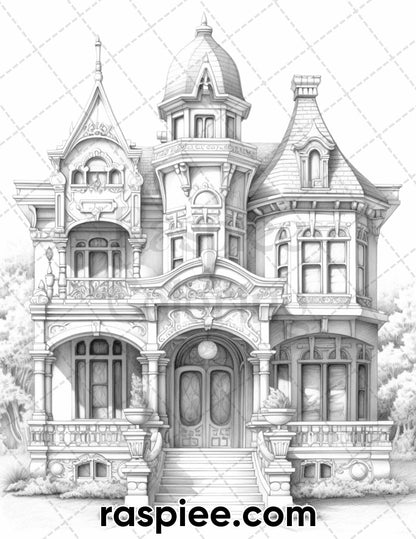 40 Victorian Mansions Grayscale Coloring Pages for Adults, Printable PDF Instant Download