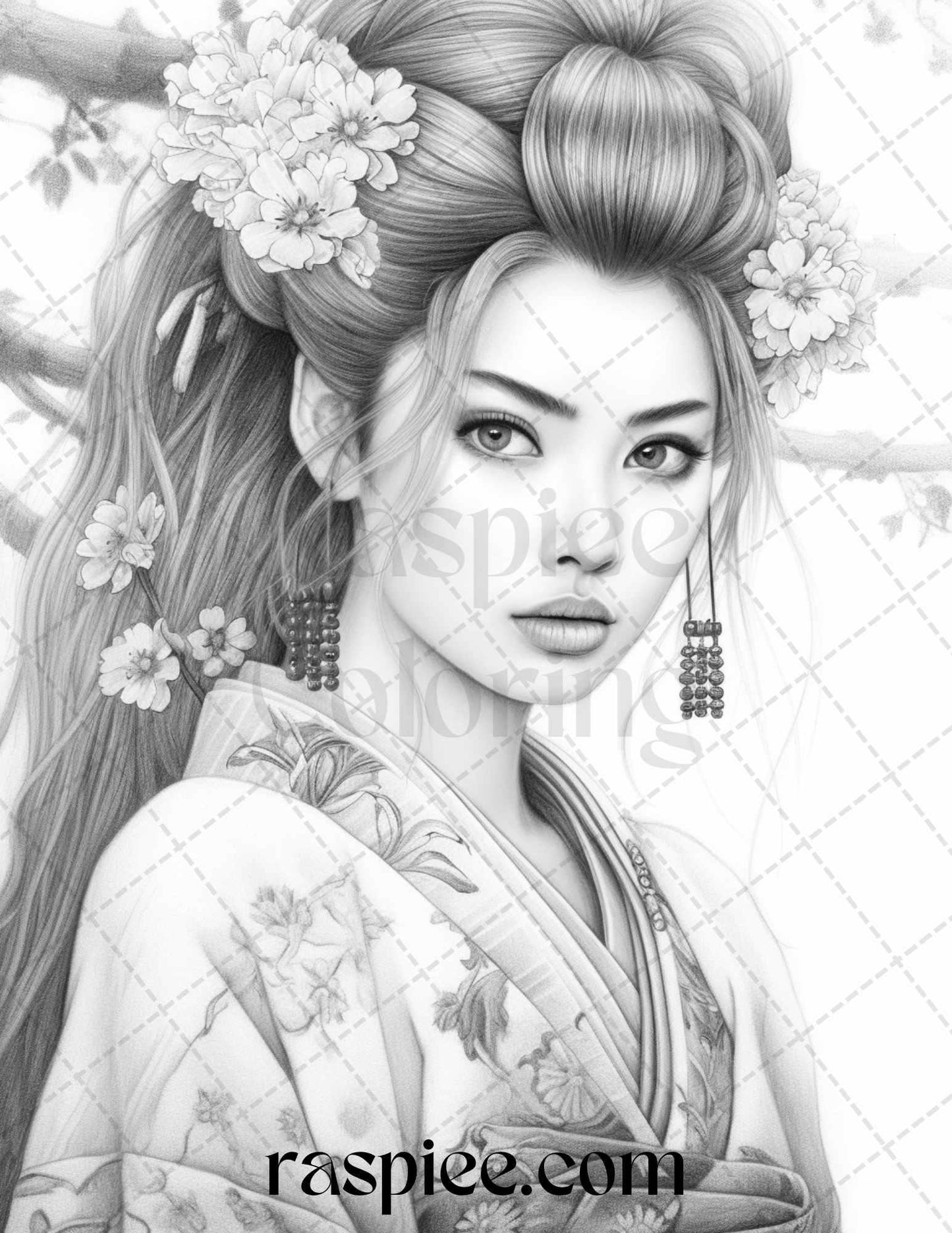 40 Beautiful Japanese Girls Grayscale Coloring Pages Printable for Adults, PDF File Instant Download