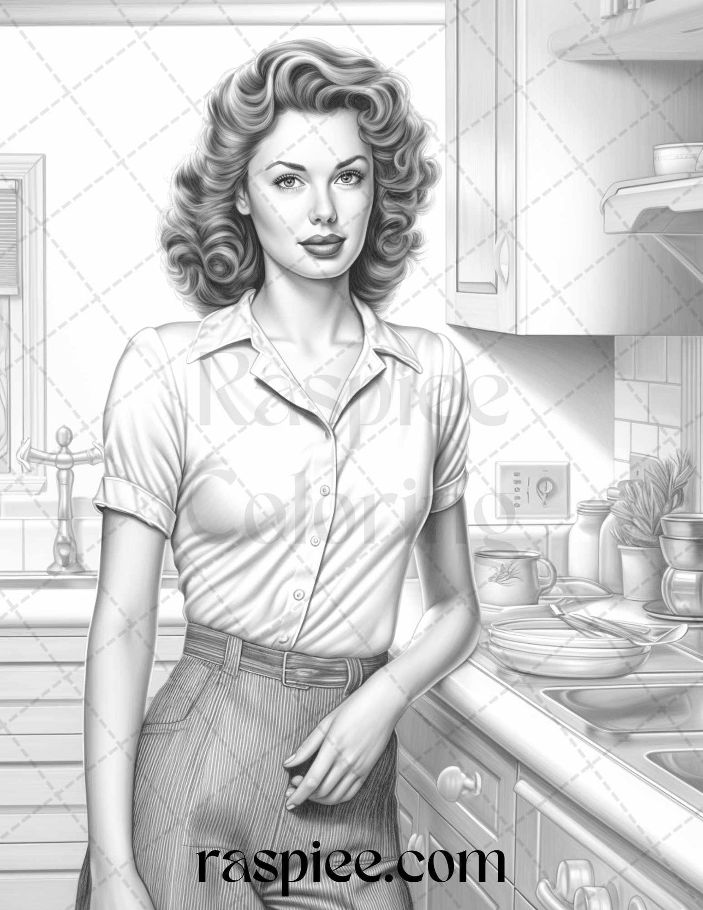 40 Retro Housewives Grayscale Coloring Pages for Adults, Printable PDF File Instant Download