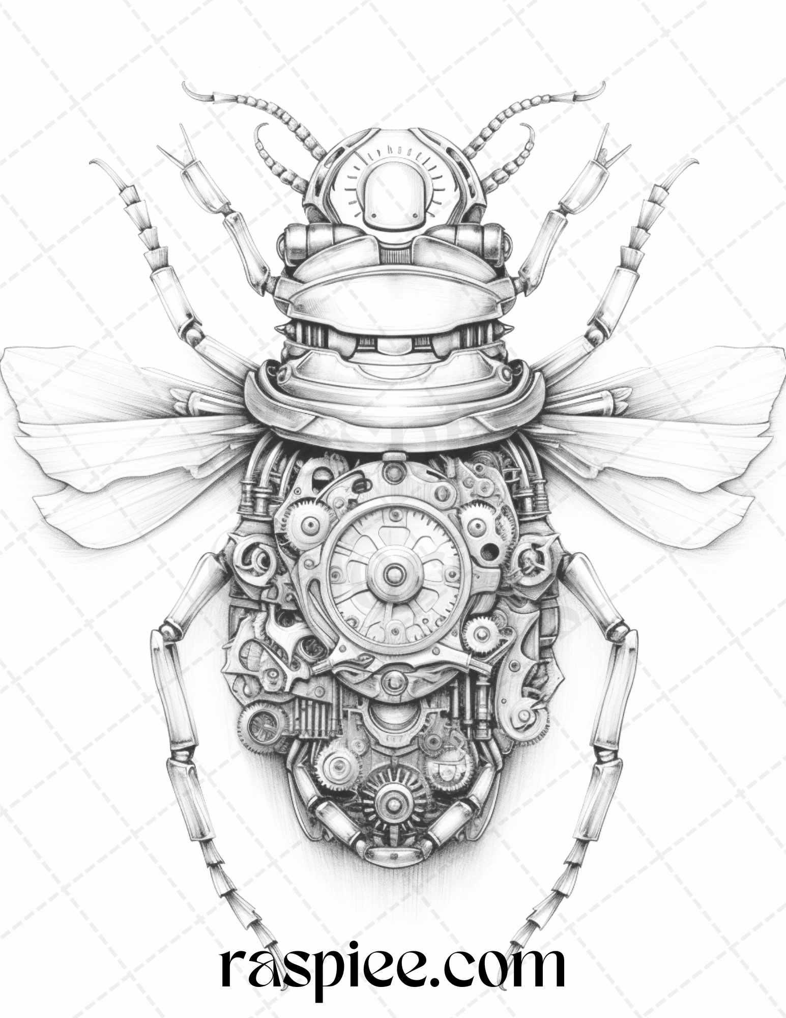 42 Steampunk Bugs Grayscale Coloring Pages Printable for Adults, PDF File Instant Download