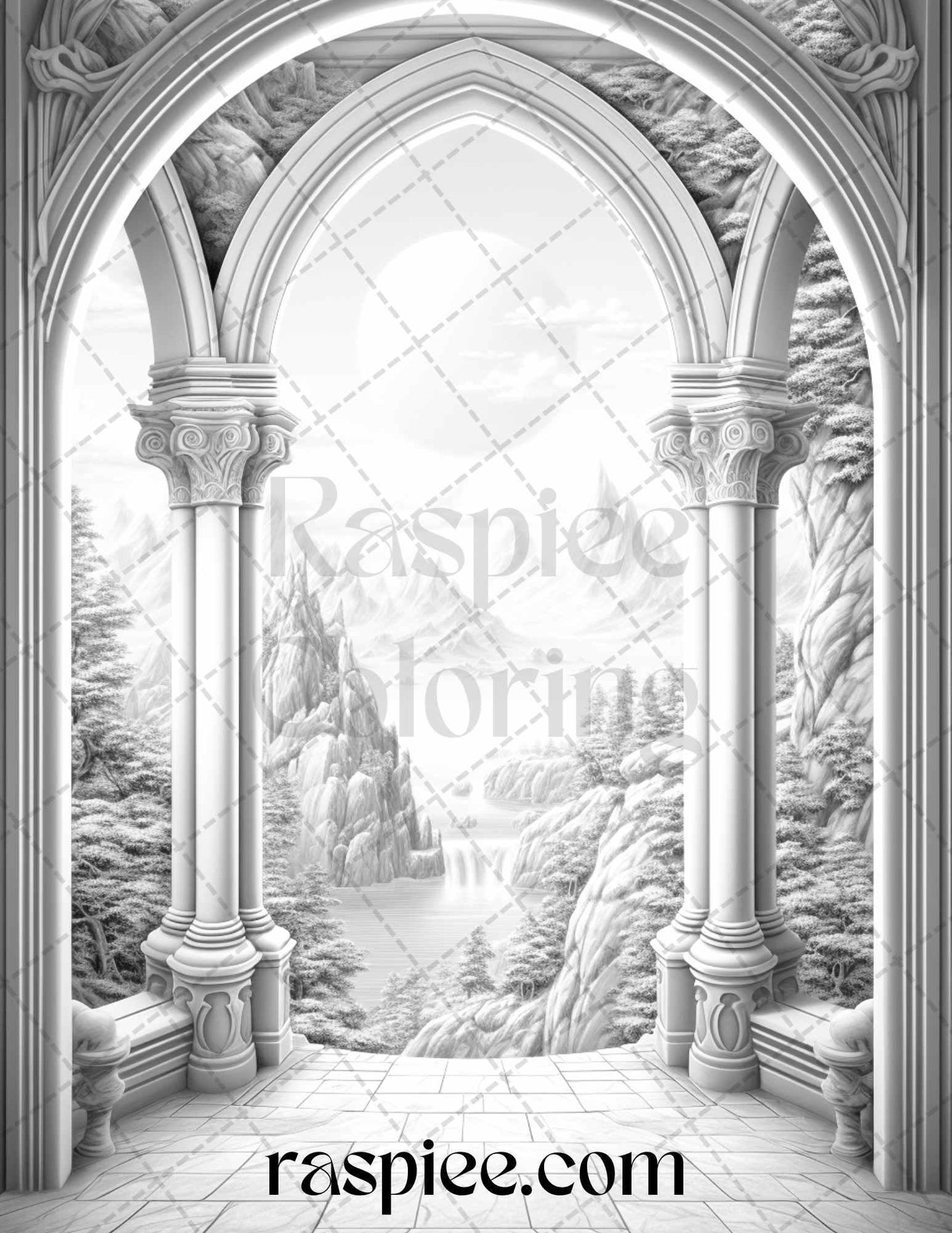 40 Window to Fantasy Worlds Grayscale Coloring Pages Printable for Adults, PDF File Instant Download