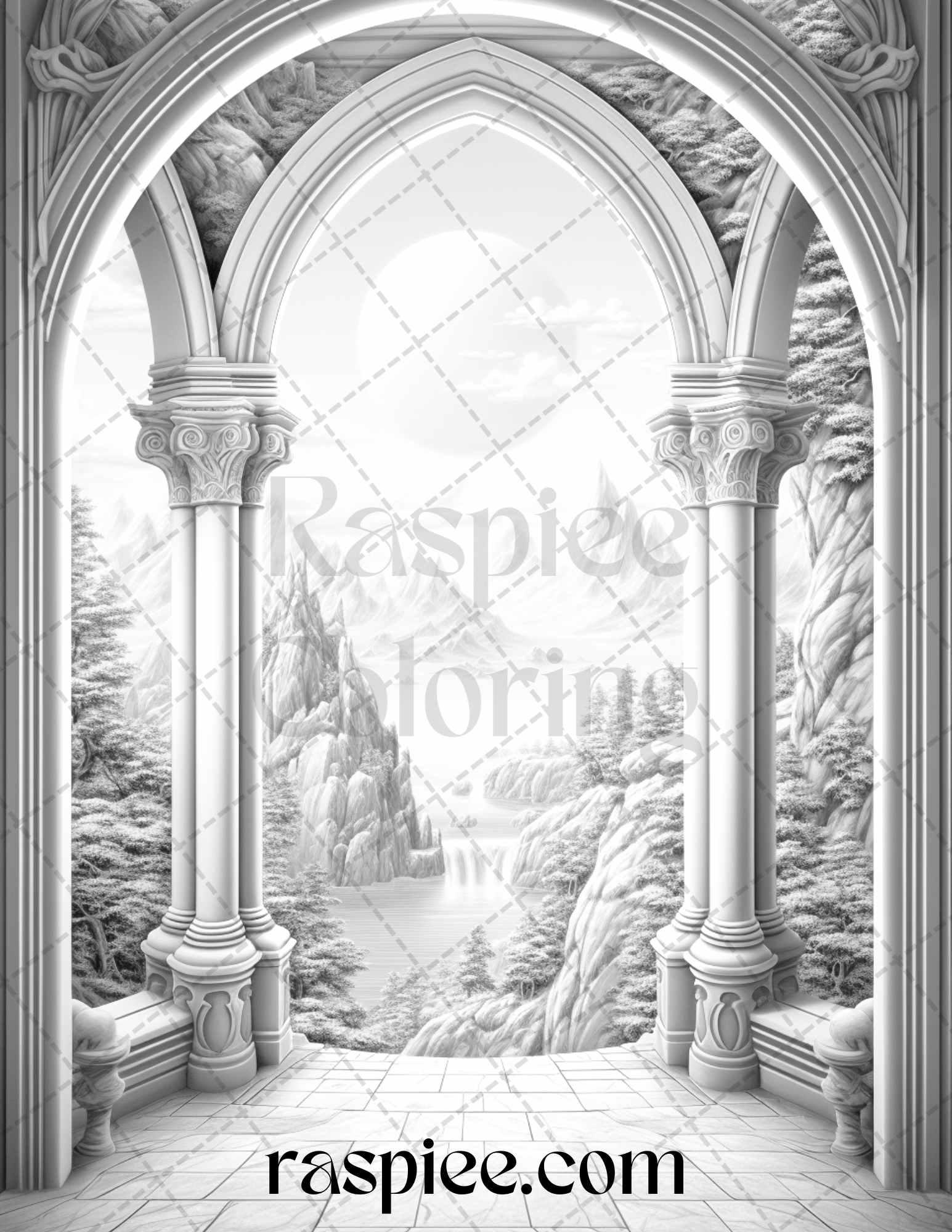 40 Window to Fantasy Worlds Grayscale Coloring Pages Printable for Adults, PDF File Instant Download