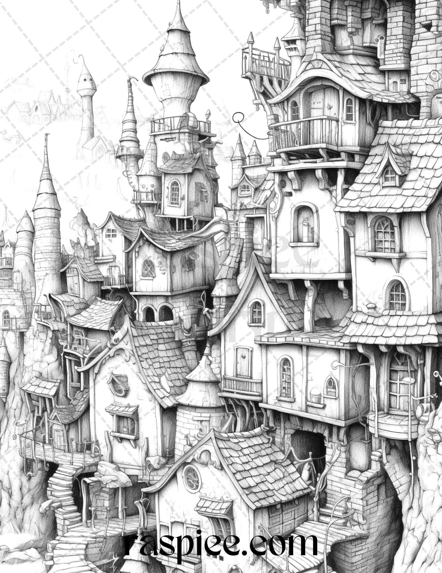 40 Fantasy Village Grayscale Coloring Pages Printable for Adults, PDF File Instant Download