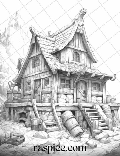 40 Viking Houses Grayscale Coloring Pages Printable for Adults, PDF File Instant Download