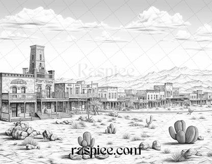 40 Wild West Towns Grayscale Coloring Pages Printable for Adults, PDF File Instant Download