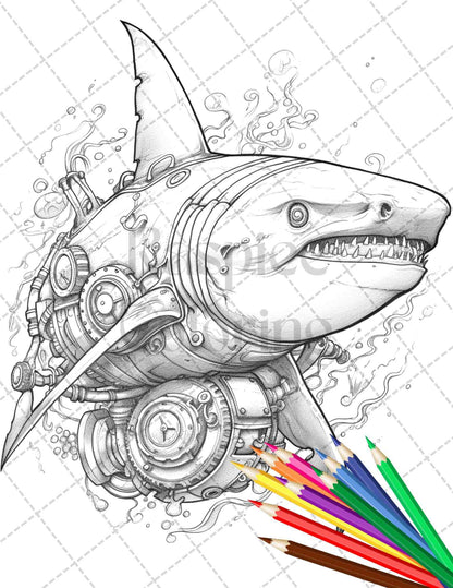 45 Steampunk Animals Grayscale Coloring Pages Printable for Adults Vol. 2, PDF File Instant Download