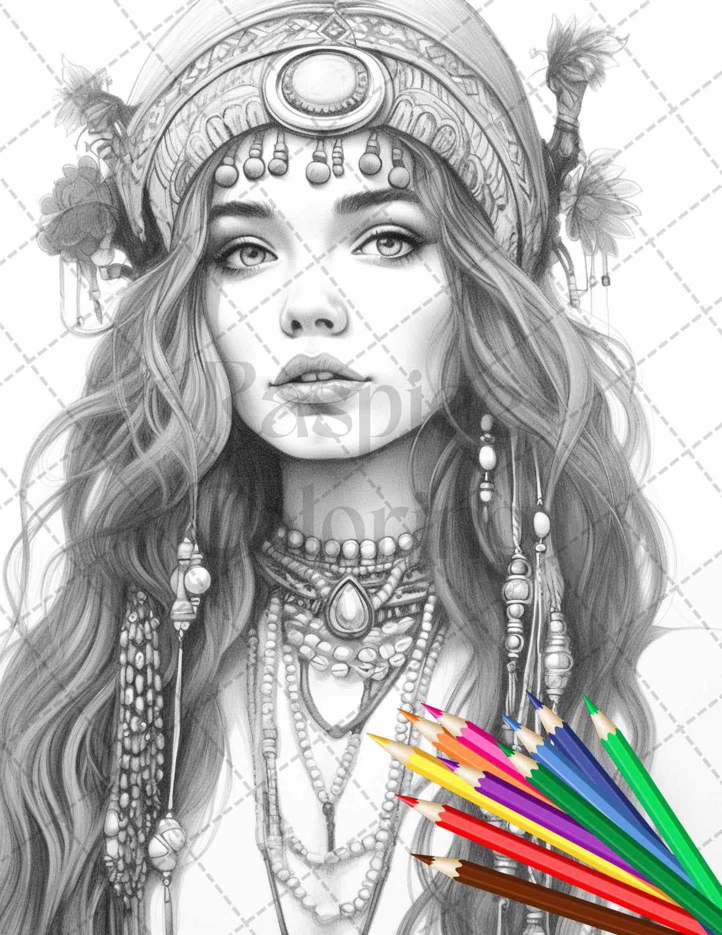 43 Beautiful Hippie Girls Grayscale Coloring Pages Printable for Adults, PDF File Instant Download